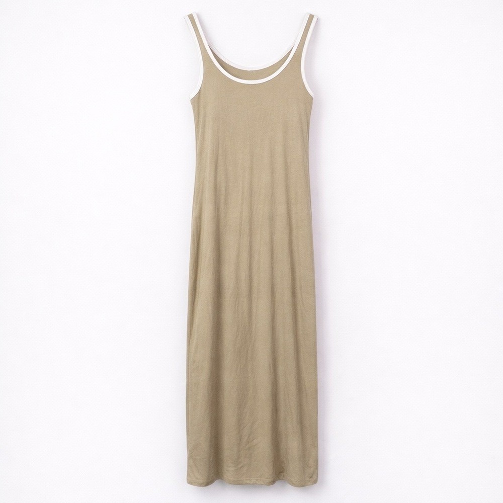 A New Day Womens XS Tan Cream Ribbed Ringer Maxi Dress Sleeveless Scoop Neck NEW